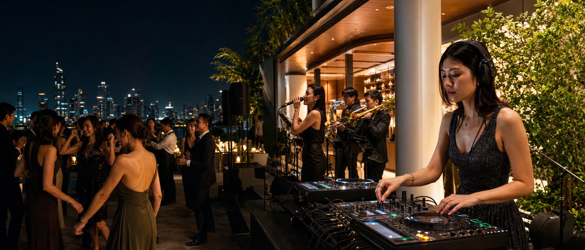 DJ and live band performing at a rooftop event in Bangkok